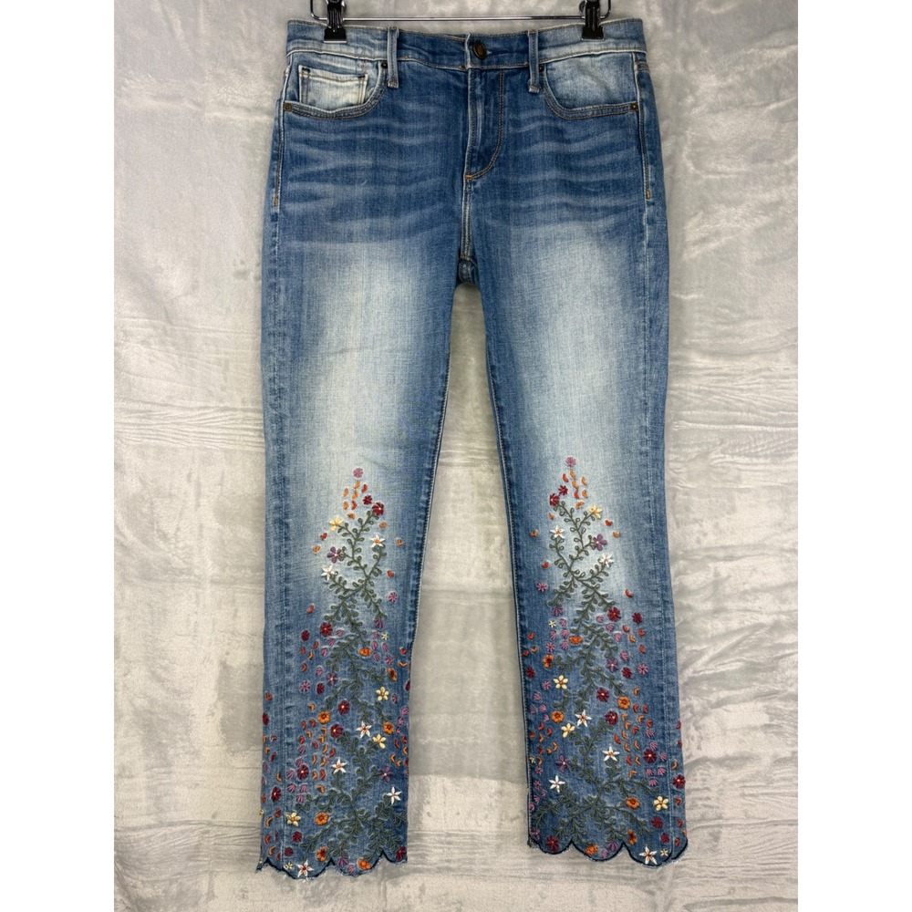 Driftwood Candace Embroidered Jeans Womens 26 Blue Floral Scalloped Hem Ankle